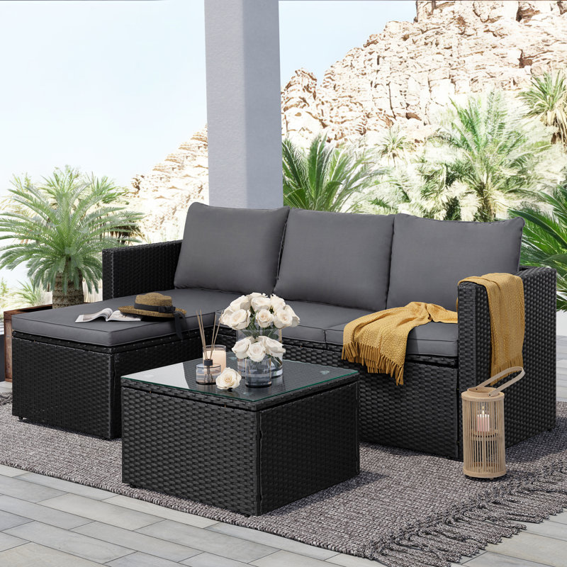 Ebern Designs Patio Furniture Set 3 Piece Outdoor Sectional Patio Sofa All Weather Wicker Rattan Outdoor Furniture Set With Glass Table And Cushions Reviews Wayfair